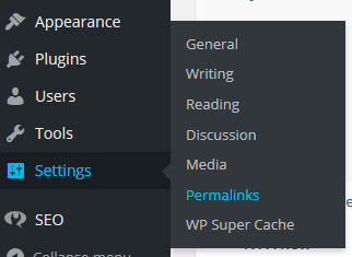 A screenshot of a portion of the admin menu, highlighting Settings and Permalinks.