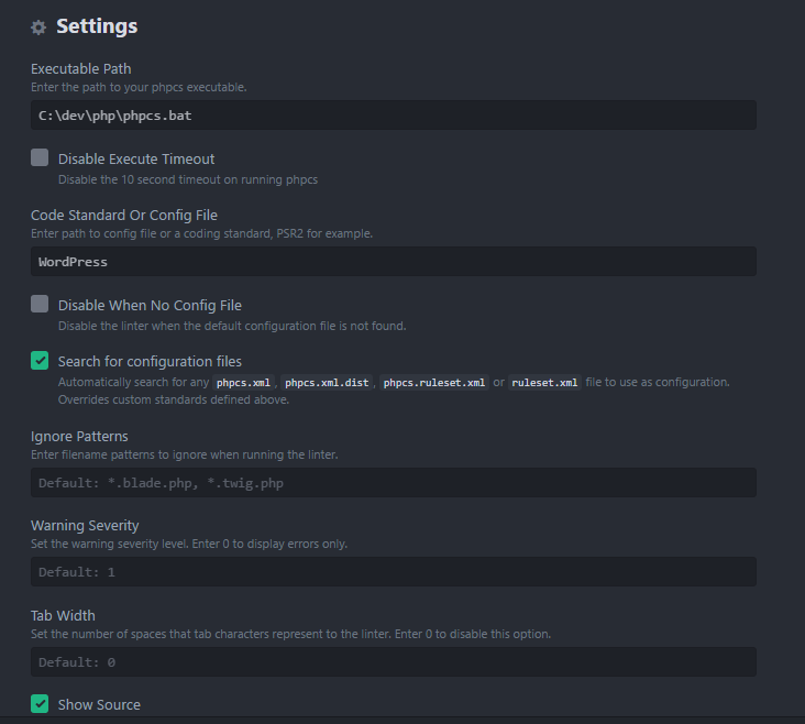 My linter-phpcs settings. The executable path is set to C:\dev\php\phpcs.bat, and the Code Standard is set to WordPress.